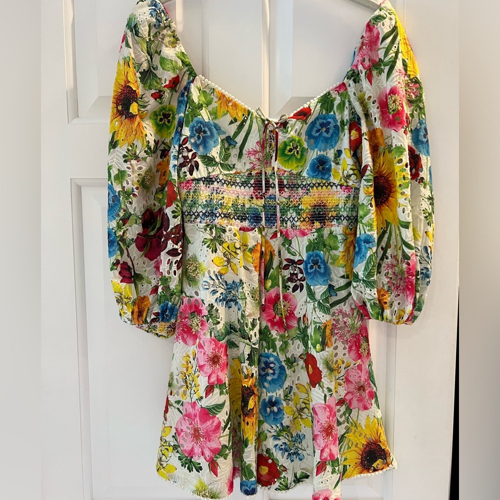Alice + Olivia Floral Mini Dress in White with Pink, Blue, Yellow & Green